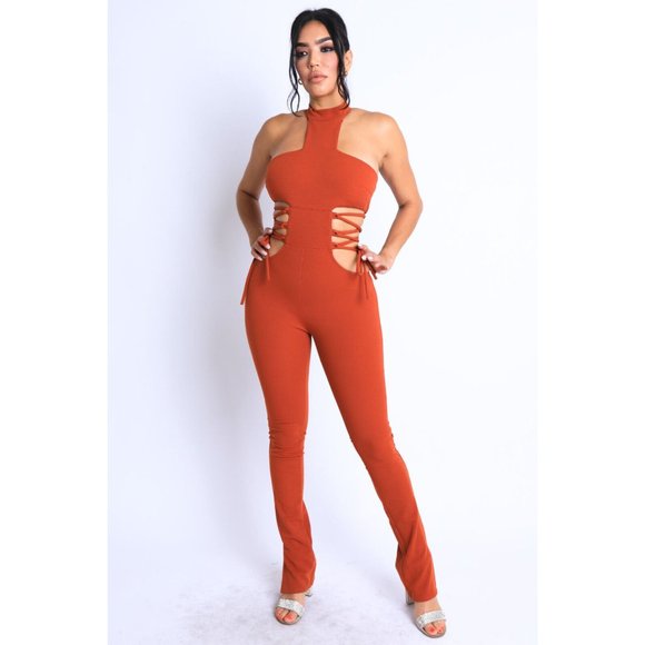 Boutique Pants - Women's Sexy Party Clubwear Cut Out Tie Detailed Grecian Neckline Jumpsuit